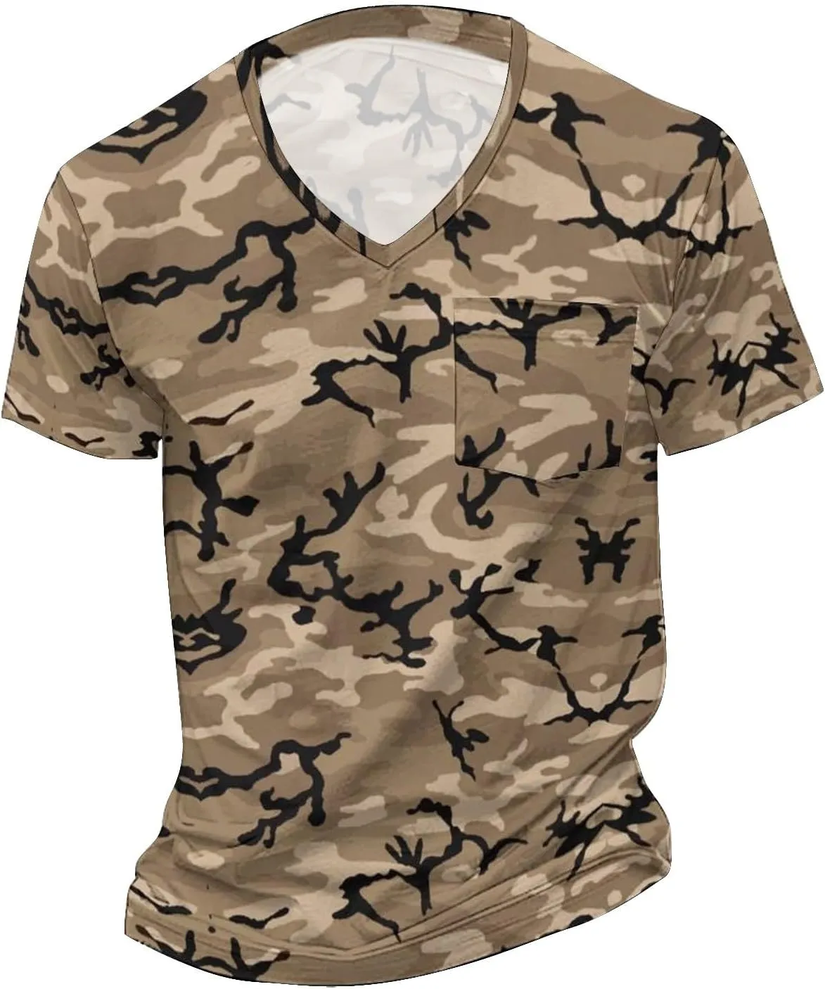 Mens V Neck Short Sleeve Camo Shirts Military Camouflage Performance Athletic T-Shirt Quick-Drying Casual Hunting Tee