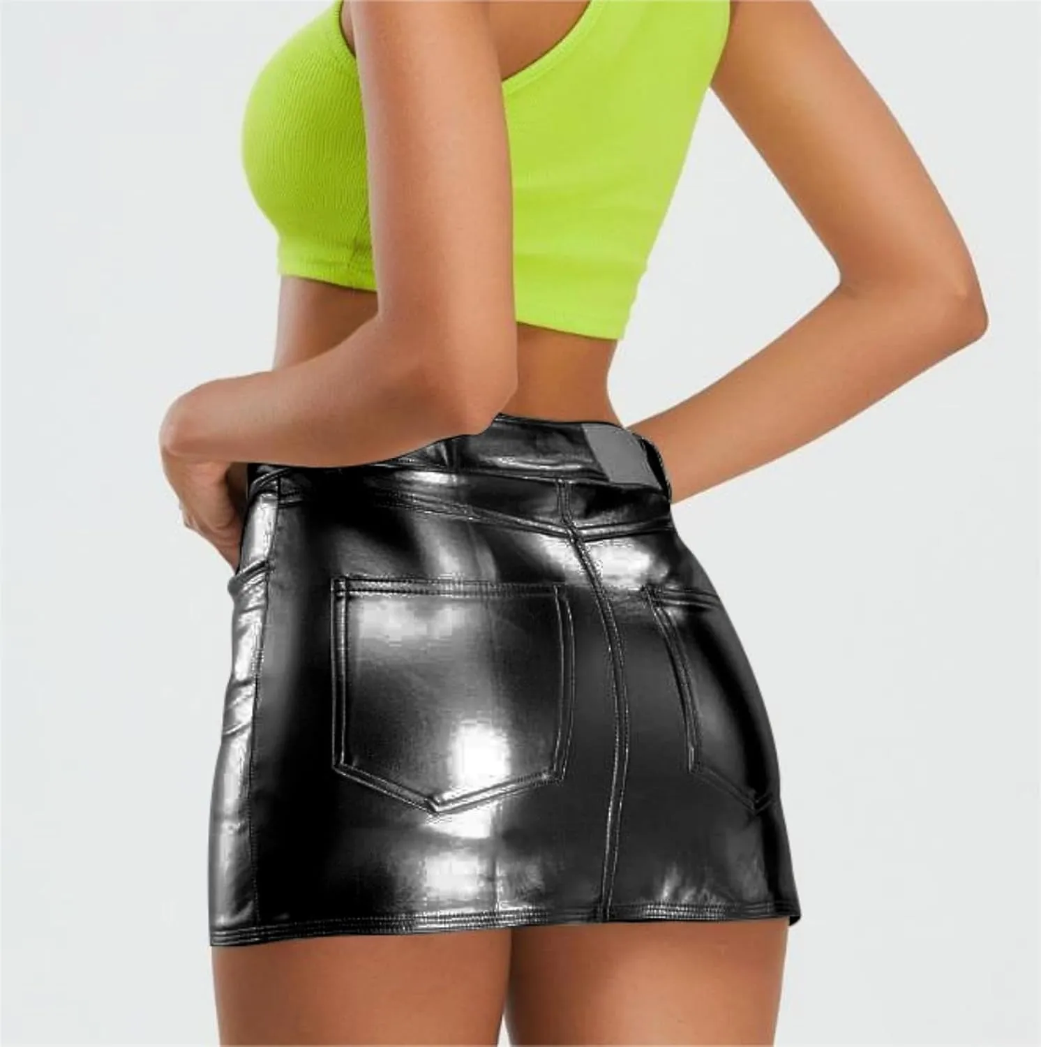 Metallic Shiny Skirts Y2K Low Waist Sparkly Rave Bodycon Mini Cargo Skirts with Pocket
