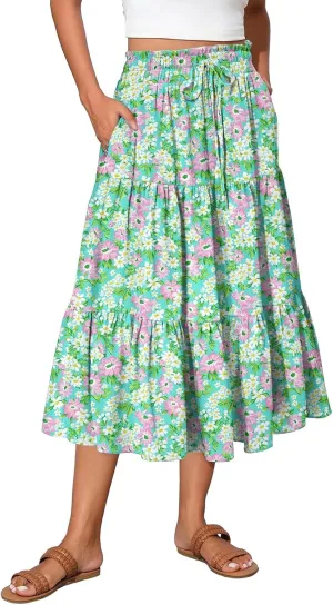 Midi Skirt for Women Summer Tiered High Waisted Knee Length Skirt A Line Flowy Floral Print Skirts with Pockets