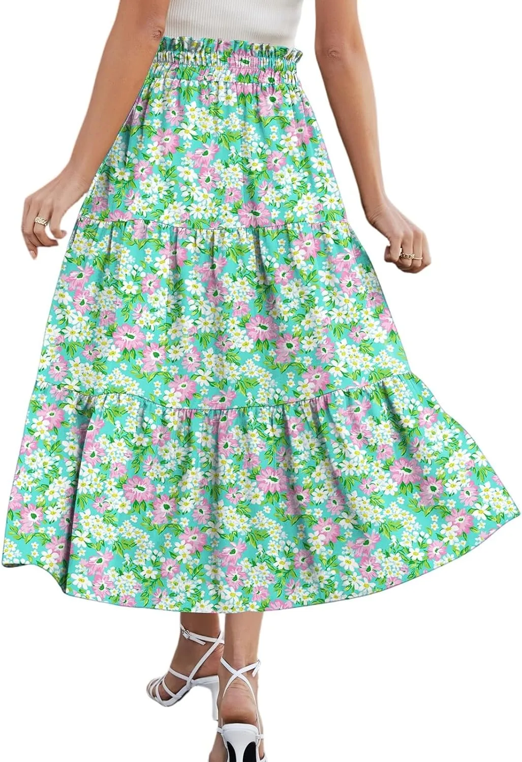 Midi Skirt for Women Summer Tiered High Waisted Knee Length Skirt A Line Flowy Floral Print Skirts with Pockets
