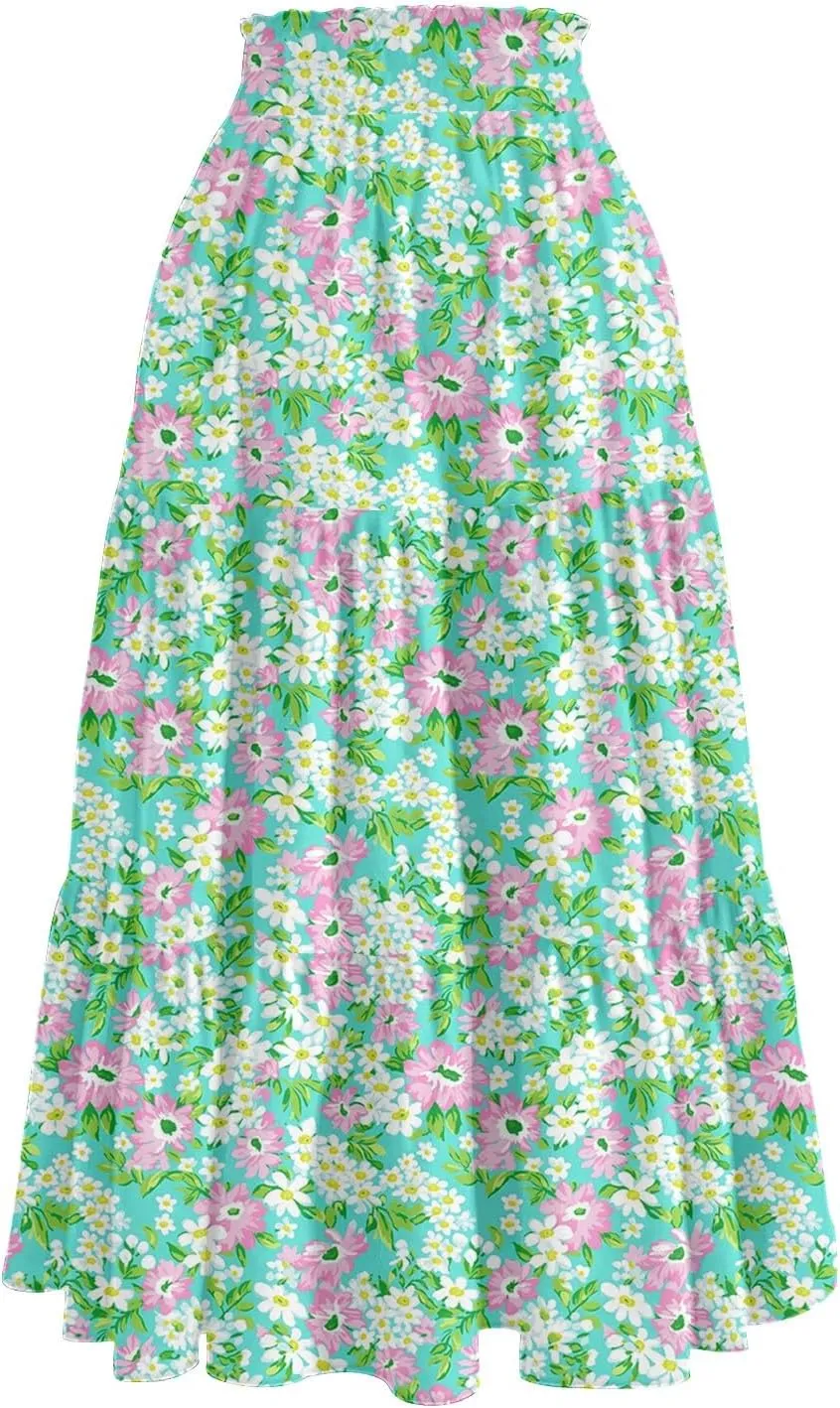 Midi Skirt for Women Summer Tiered High Waisted Knee Length Skirt A Line Flowy Floral Print Skirts with Pockets