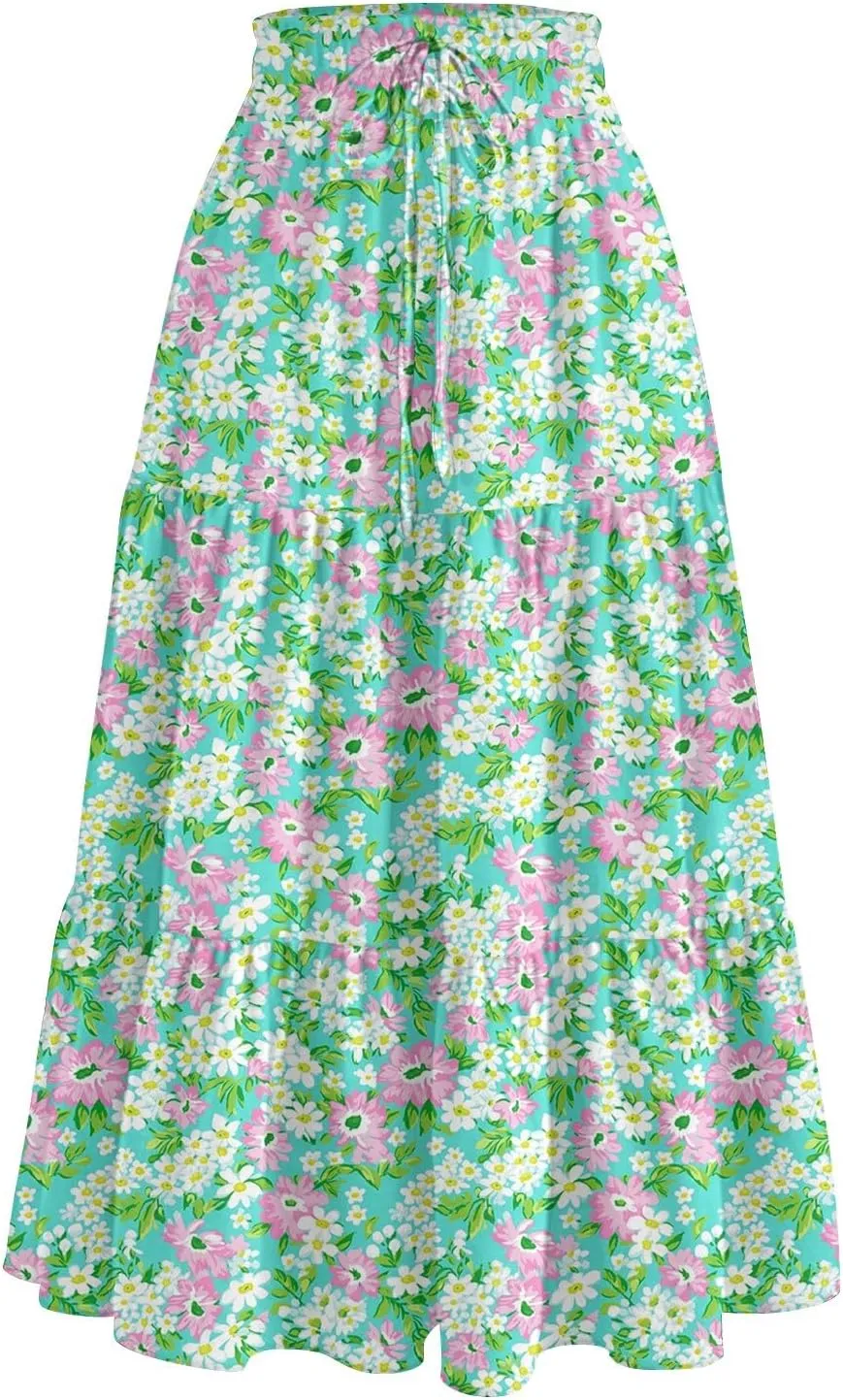 Midi Skirt for Women Summer Tiered High Waisted Knee Length Skirt A Line Flowy Floral Print Skirts with Pockets