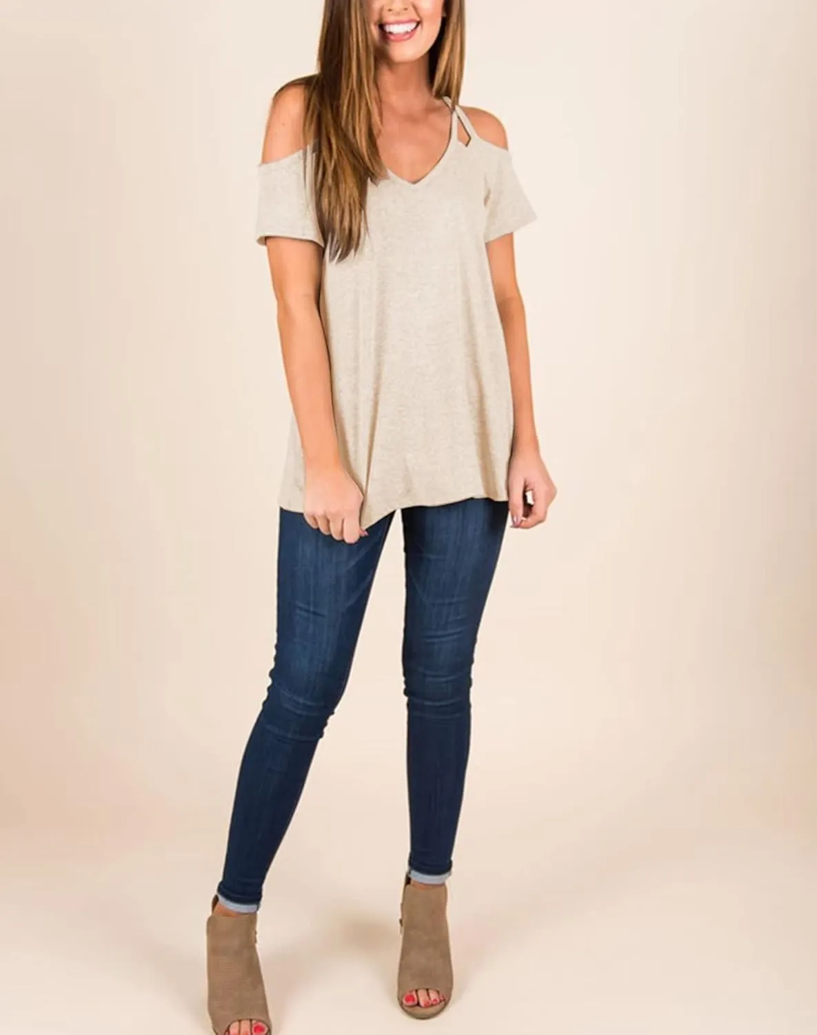 Minclouse Women's Summer Short Sleeves Tops Cold Shoulder V Neck Shirts Casual Strappy Tees