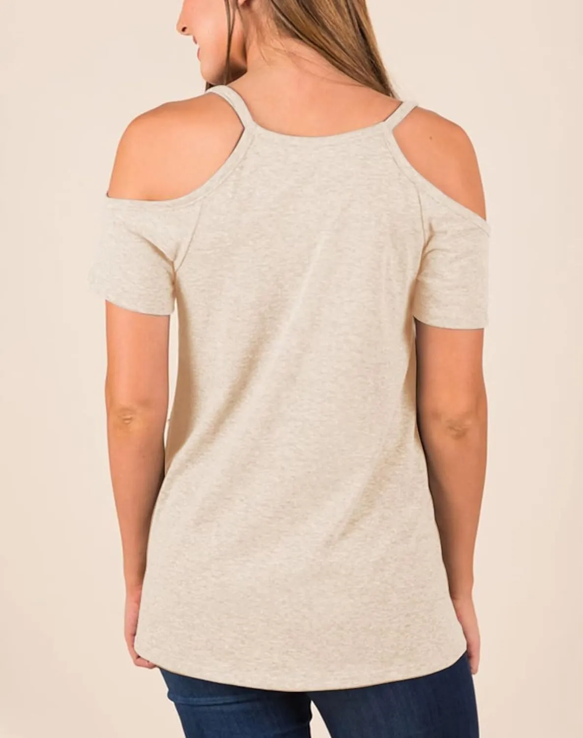 Minclouse Women's Summer Short Sleeves Tops Cold Shoulder V Neck Shirts Casual Strappy Tees
