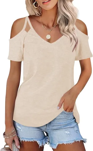 Minclouse Women's Summer Short Sleeves Tops Cold Shoulder V Neck Shirts Casual Strappy Tees