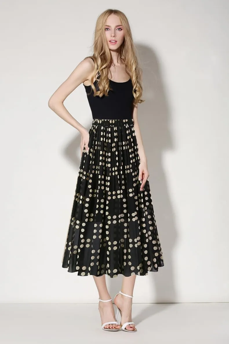 OBBUE Women's Chiffon Pleated Skirts Elastic High Waist A-line Midi Skirts for Casual Party Holiday