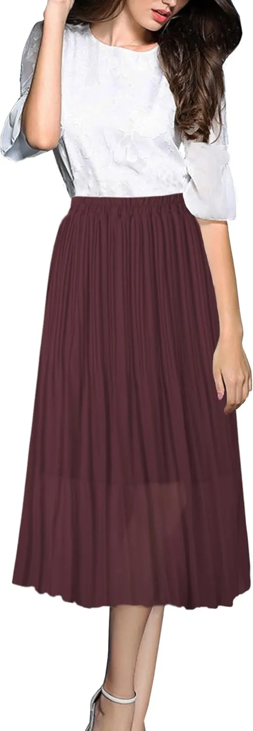 OBBUE Women's Chiffon Pleated Skirts Elastic High Waist A-line Midi Skirts for Casual Party Holiday