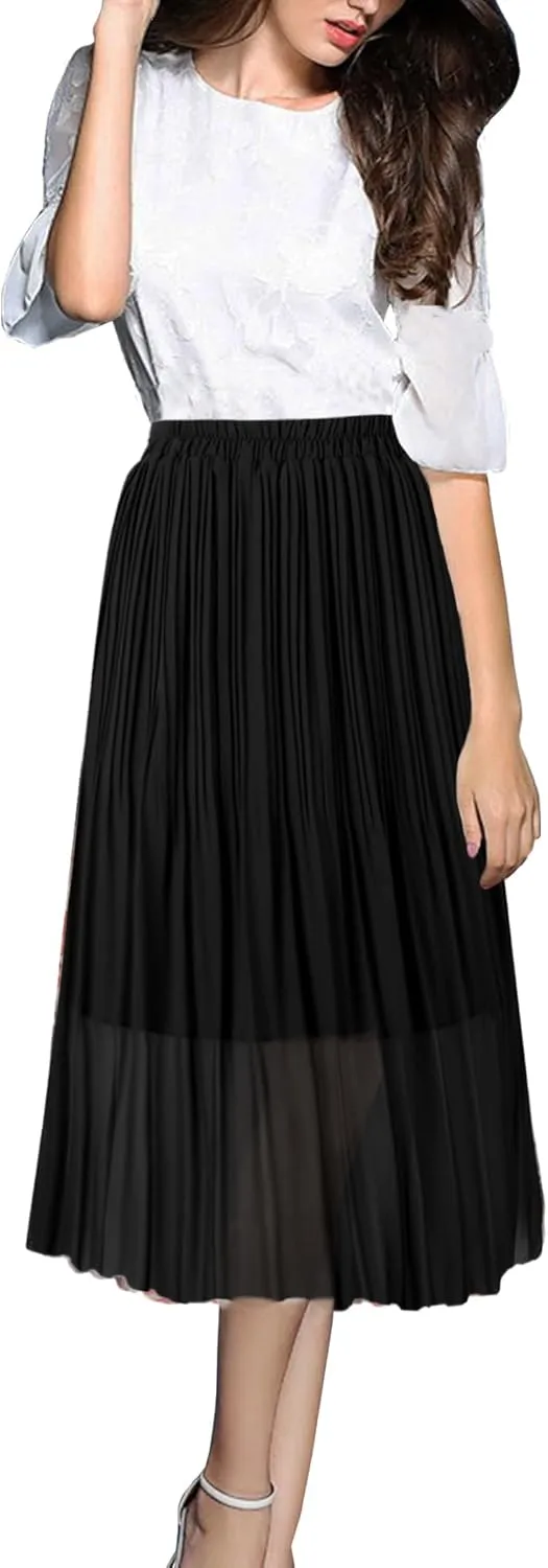 OBBUE Women's Chiffon Pleated Skirts Elastic High Waist A-line Midi Skirts for Casual Party Holiday