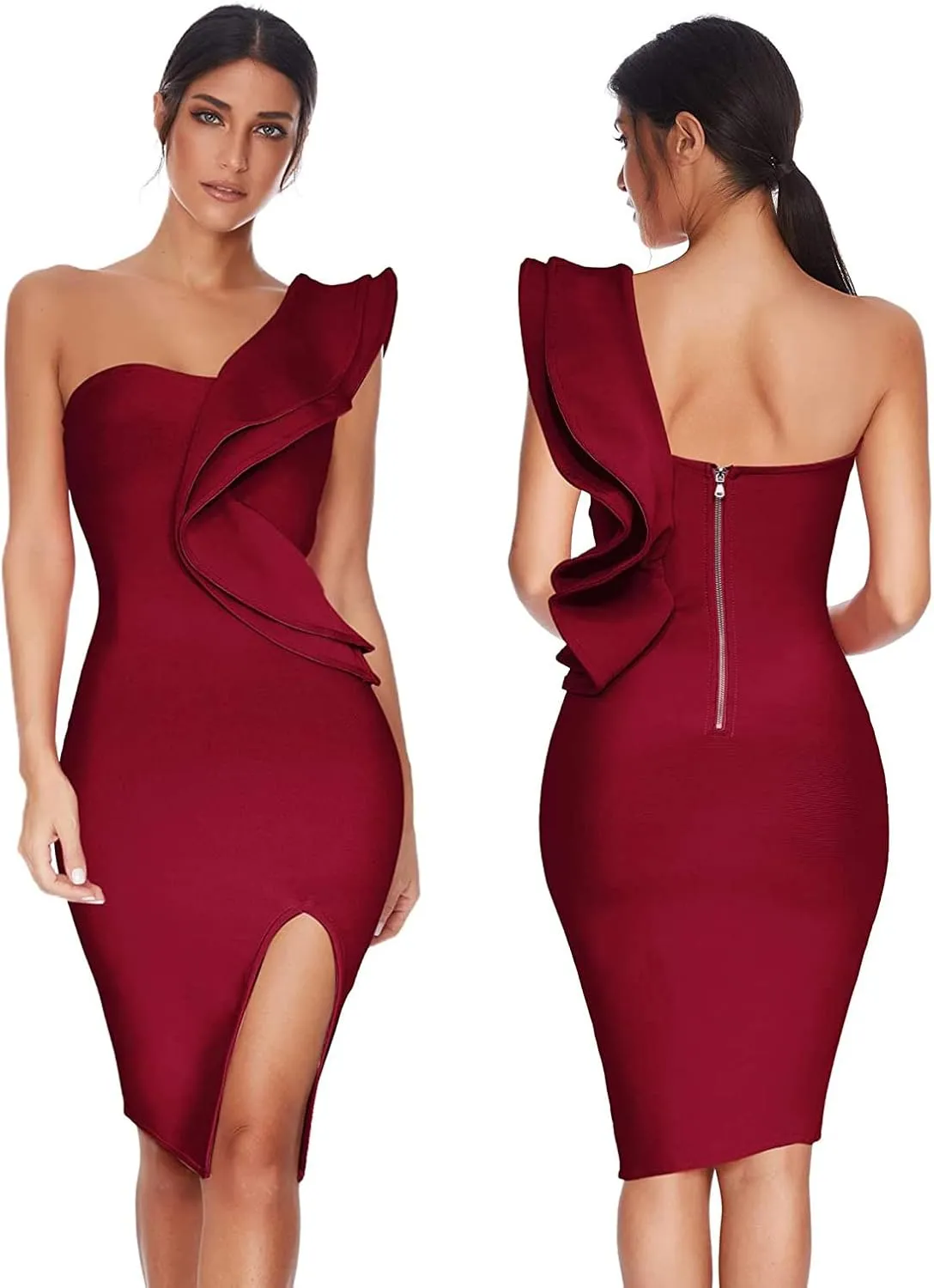 One Shoulder Ruffle Dress Side Split Bodycon Bandage Dress Wedding Guest Dress