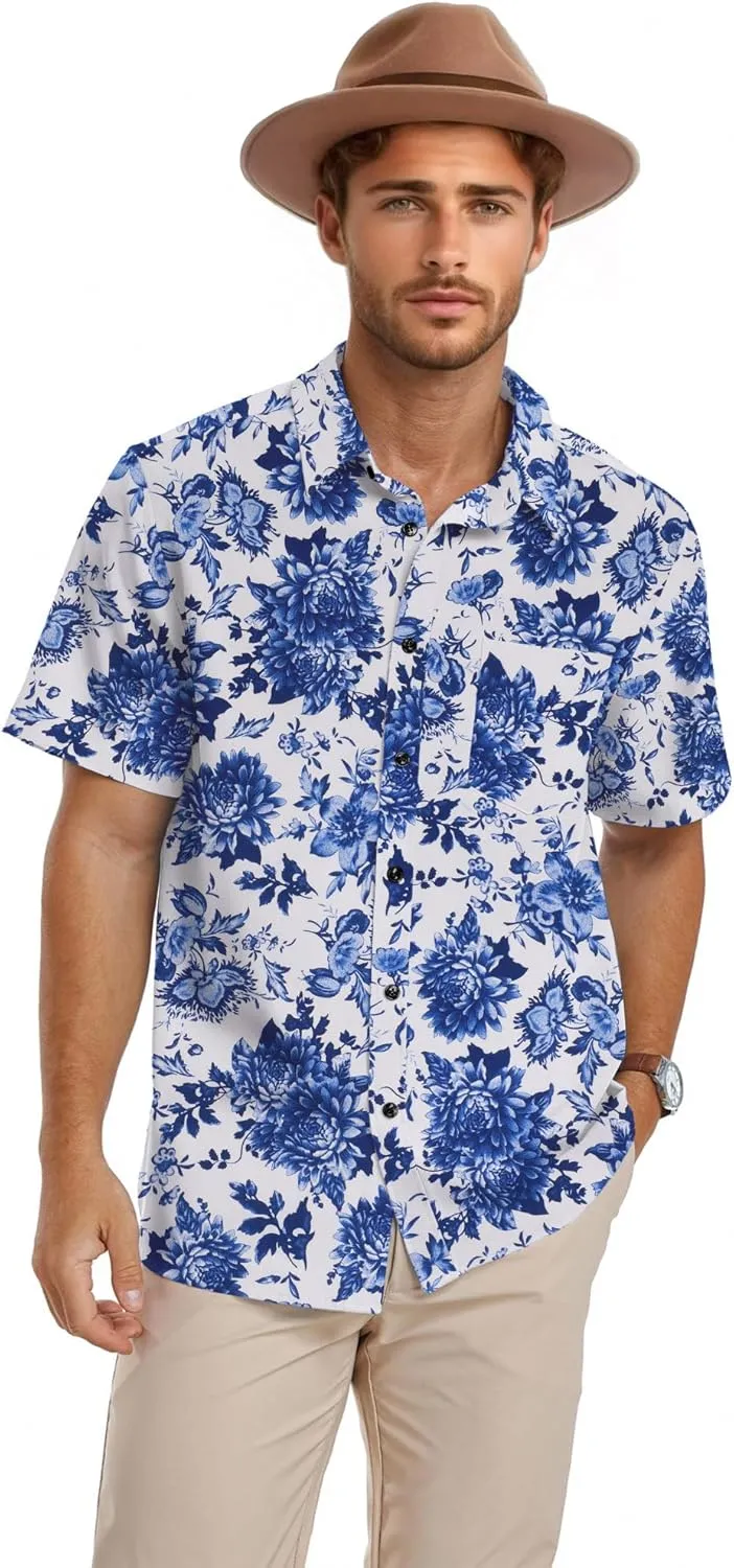 PEGENO Men's Flower Casual Button Down Short Sleeve Hawaiian Shirt