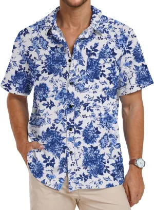 PEGENO Men's Flower Casual Button Down Short Sleeve Hawaiian Shirt