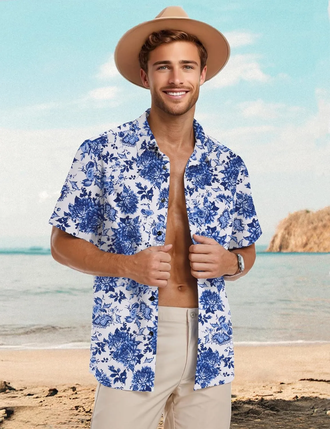 PEGENO Men's Flower Casual Button Down Short Sleeve Hawaiian Shirt