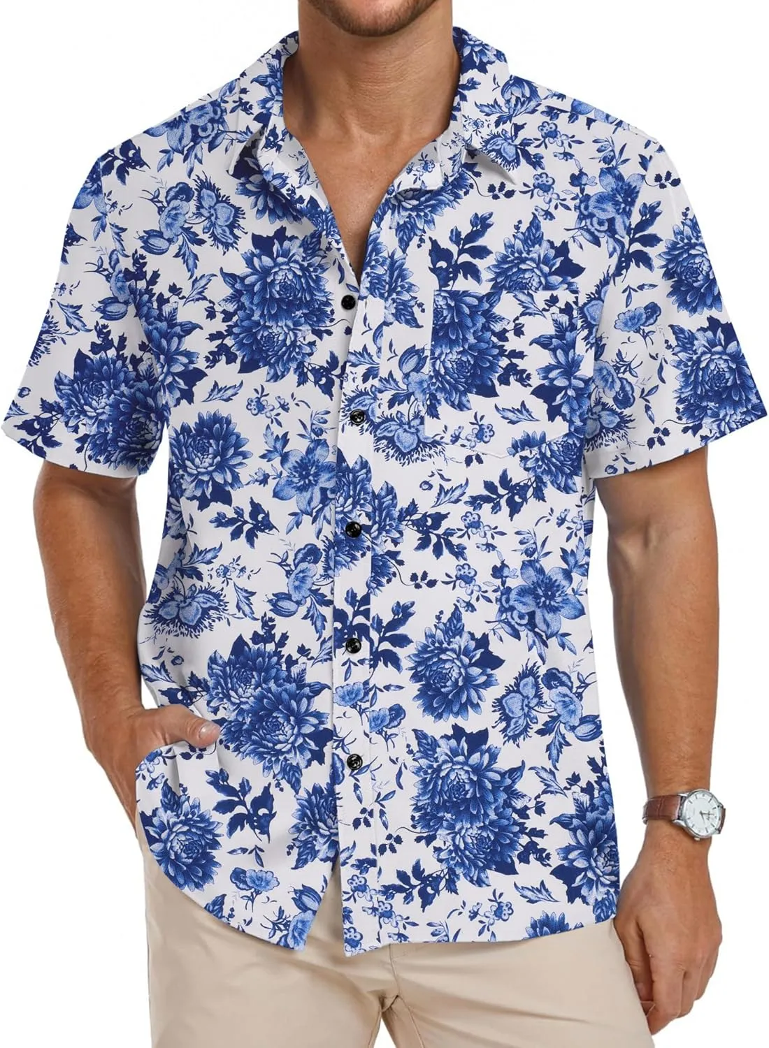 PEGENO Men's Flower Casual Button Down Short Sleeve Hawaiian Shirt