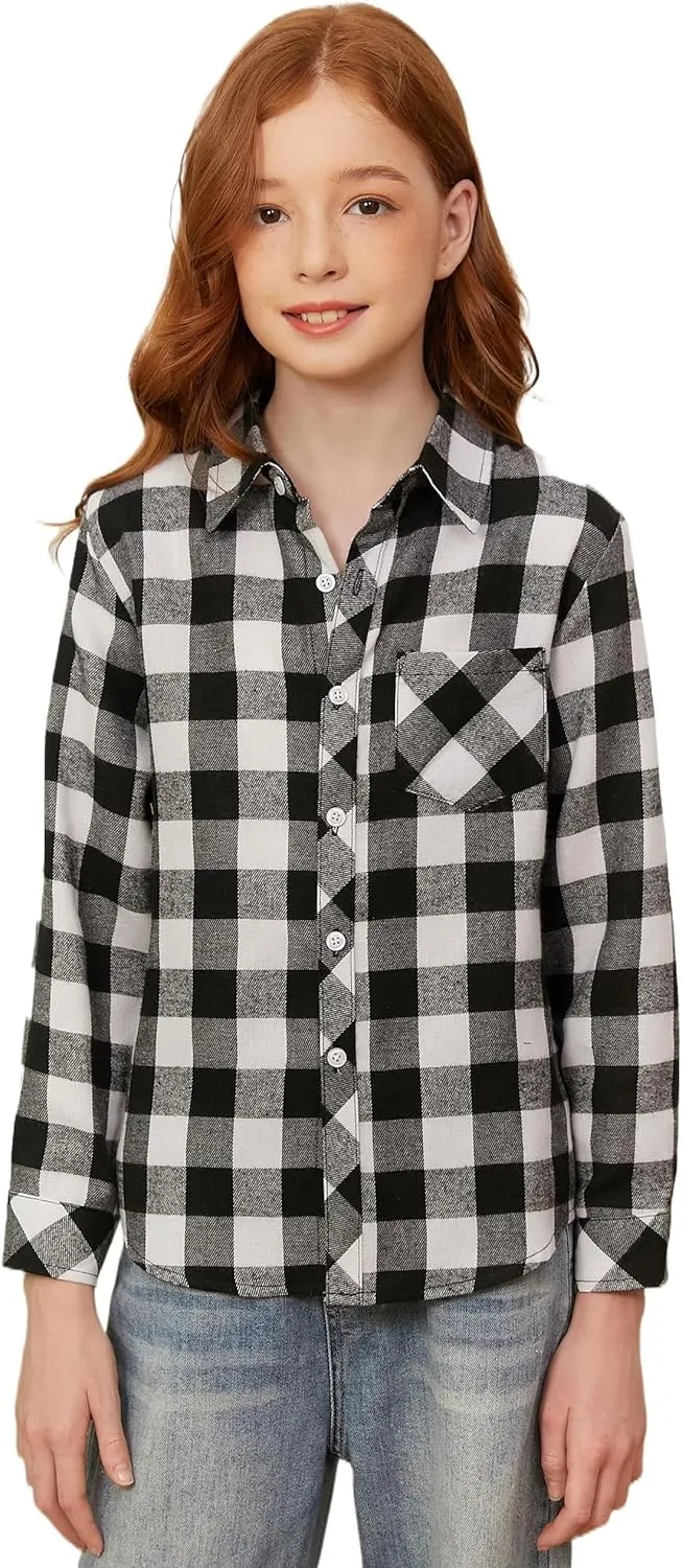 SANGTREE Womens and Girls Long Sleeve Flannel Shirt Casual Button Down Plaid Shirts, 3 Months - Adult 2XL