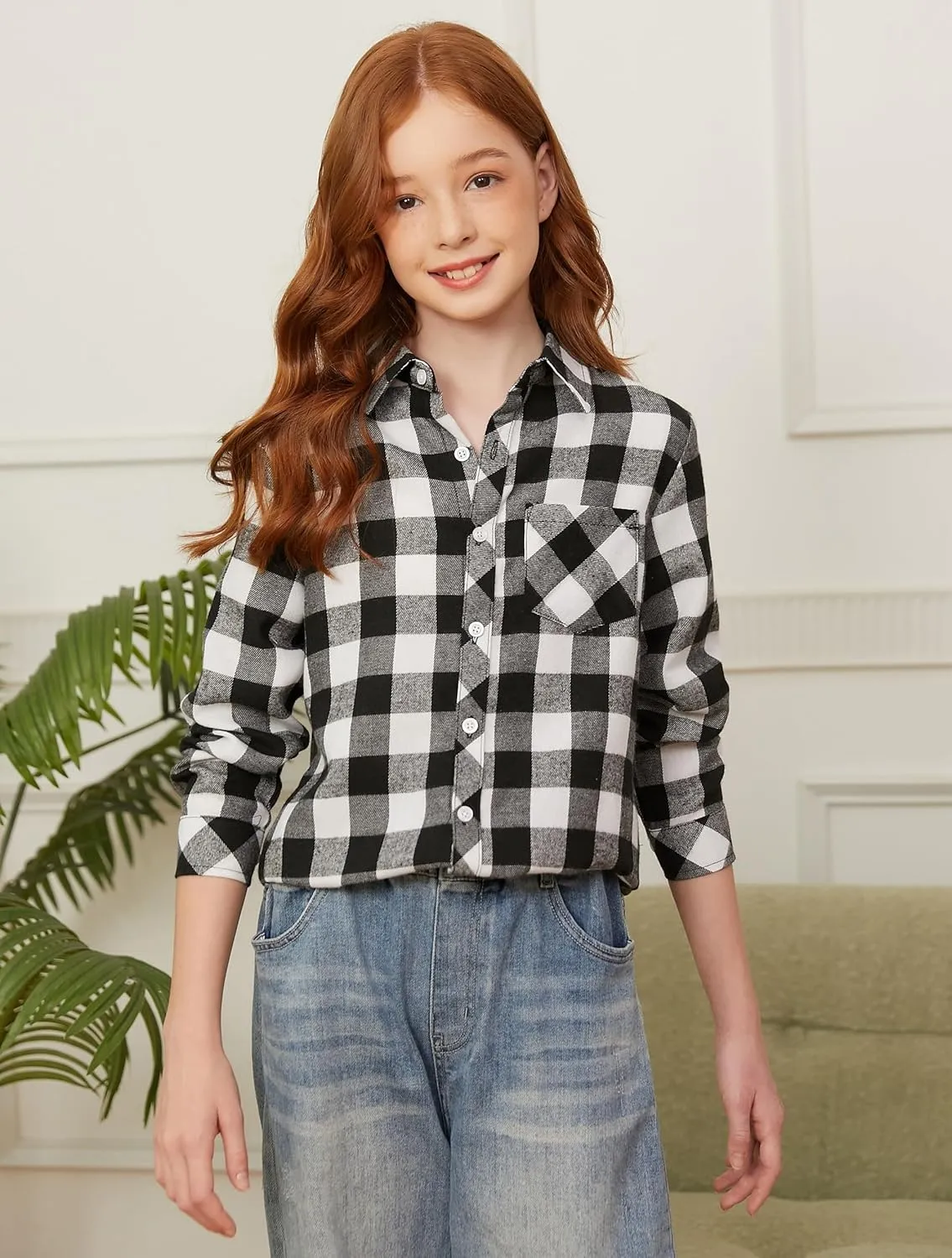 SANGTREE Womens and Girls Long Sleeve Flannel Shirt Casual Button Down Plaid Shirts, 3 Months - Adult 2XL