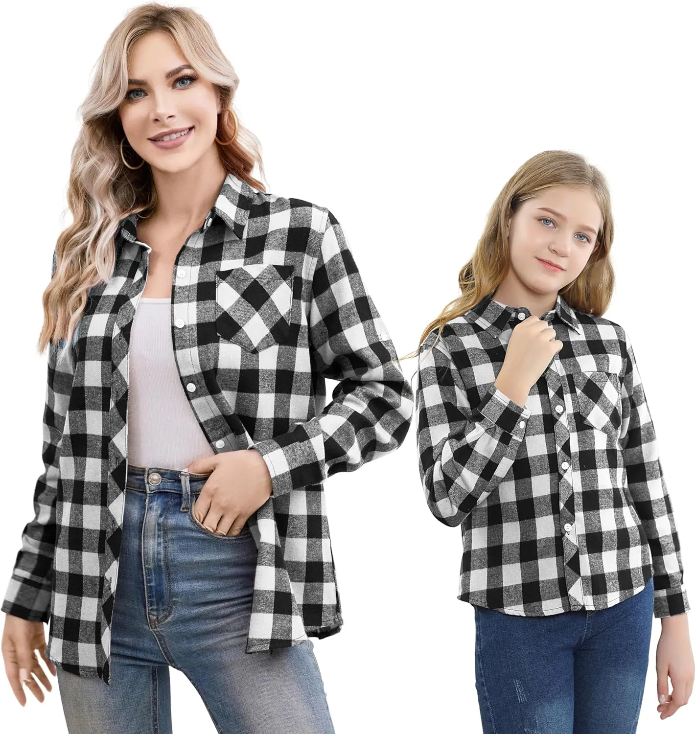 SANGTREE Womens and Girls Long Sleeve Flannel Shirt Casual Button Down Plaid Shirts, 3 Months - Adult 2XL