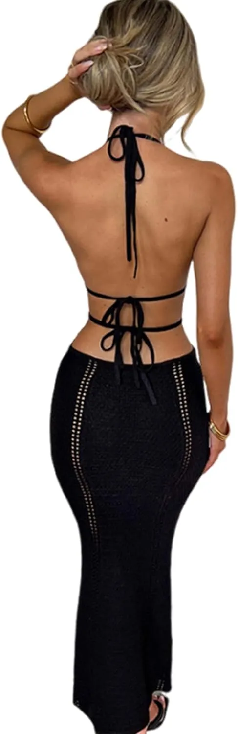 Sexy Crochet Maxi Dress for Women Bodycon Backless Strapless Halter Dress Hollow Out Knit Long Beach Dress Summer