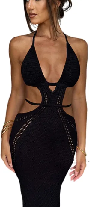 Sexy Crochet Maxi Dress for Women Bodycon Backless Strapless Halter Dress Hollow Out Knit Long Beach Dress Summer