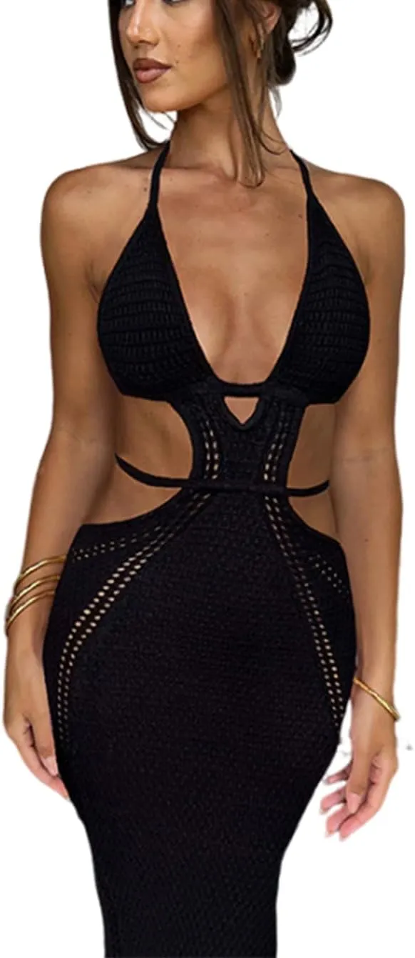 Sexy Crochet Maxi Dress for Women Bodycon Backless Strapless Halter Dress Hollow Out Knit Long Beach Dress Summer
