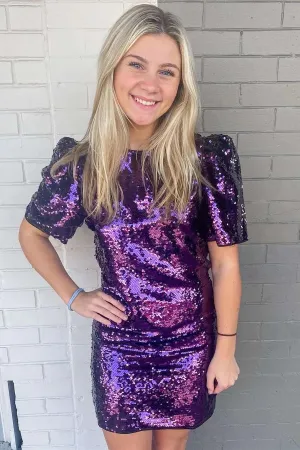 Short Sleeves Purple Sequins Homecoming Dress