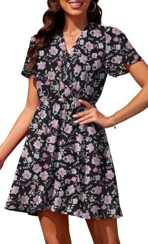 Summer Dresses for Women 2025 Casual V Neck Short Sleeves Floral Chiffon Flowy Sundress