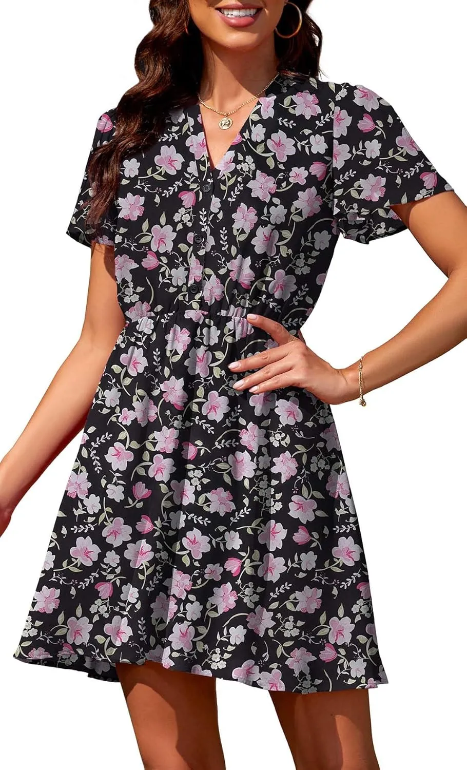 Summer Dresses for Women 2025 Casual V Neck Short Sleeves Floral Chiffon Flowy Sundress