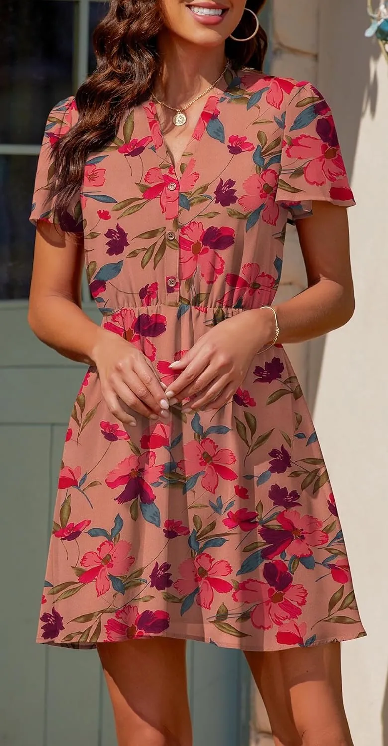Summer Dresses for Women 2025 Casual V Neck Short Sleeves Floral Chiffon Flowy Sundress