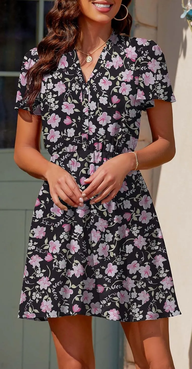 Summer Dresses for Women 2025 Casual V Neck Short Sleeves Floral Chiffon Flowy Sundress