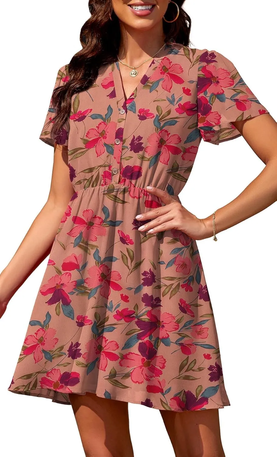 Summer Dresses for Women 2025 Casual V Neck Short Sleeves Floral Chiffon Flowy Sundress