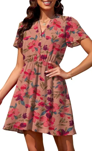 Summer Dresses for Women 2025 Casual V Neck Short Sleeves Floral Chiffon Flowy Sundress