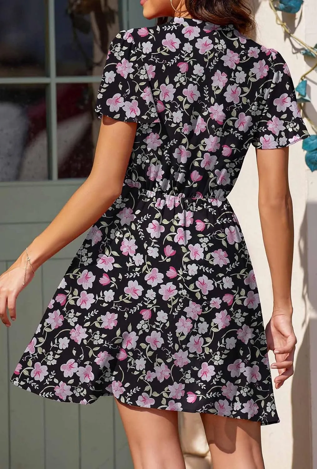 Summer Dresses for Women 2025 Casual V Neck Short Sleeves Floral Chiffon Flowy Sundress