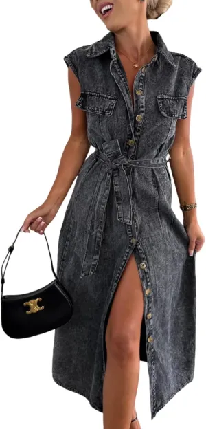 utcoco Denim Dress for Women Casual Sleeveless Belted Button Down Midi Jean Dresses for Women 2025