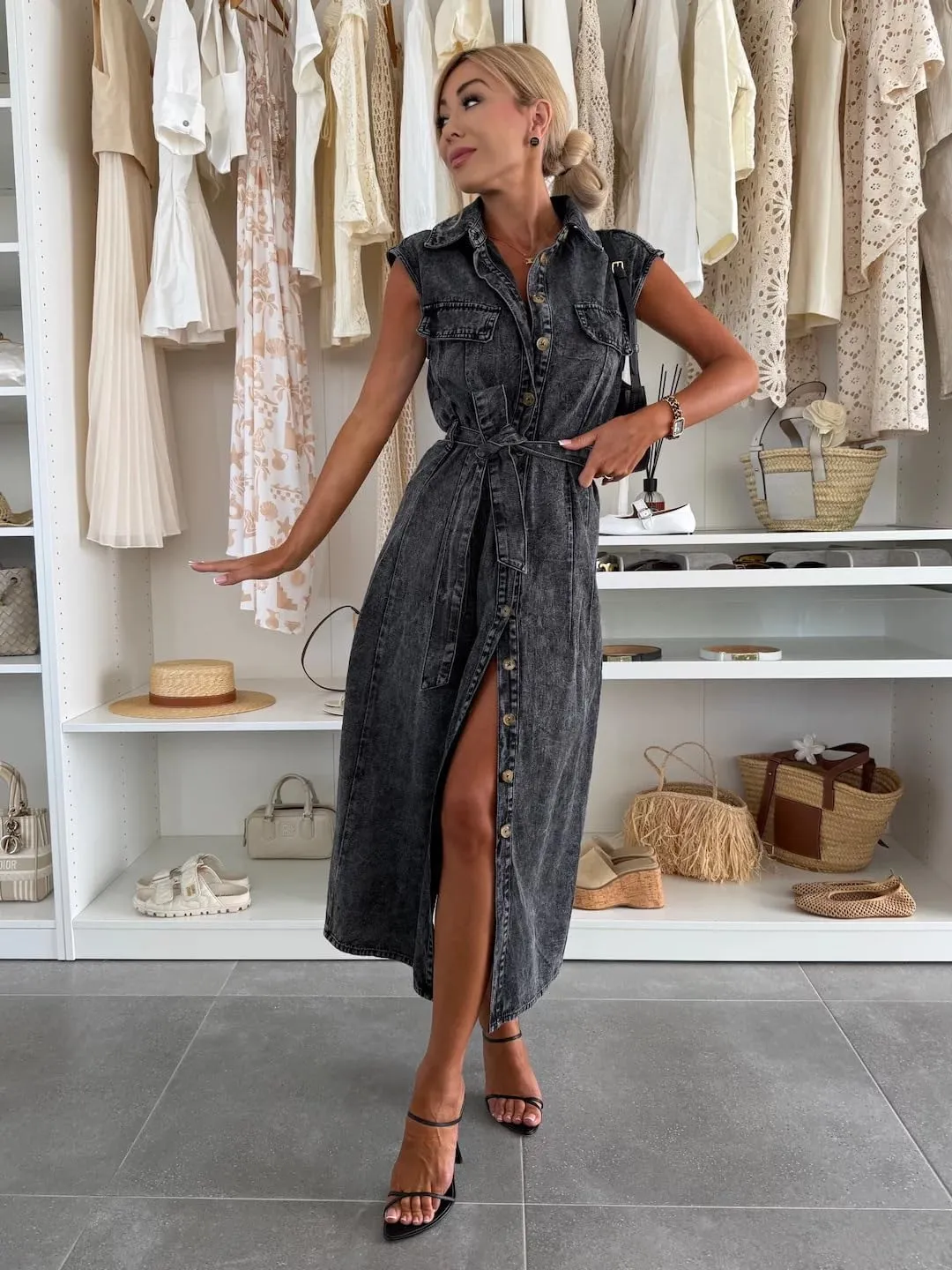 utcoco Denim Dress for Women Casual Sleeveless Belted Button Down Midi Jean Dresses for Women 2025