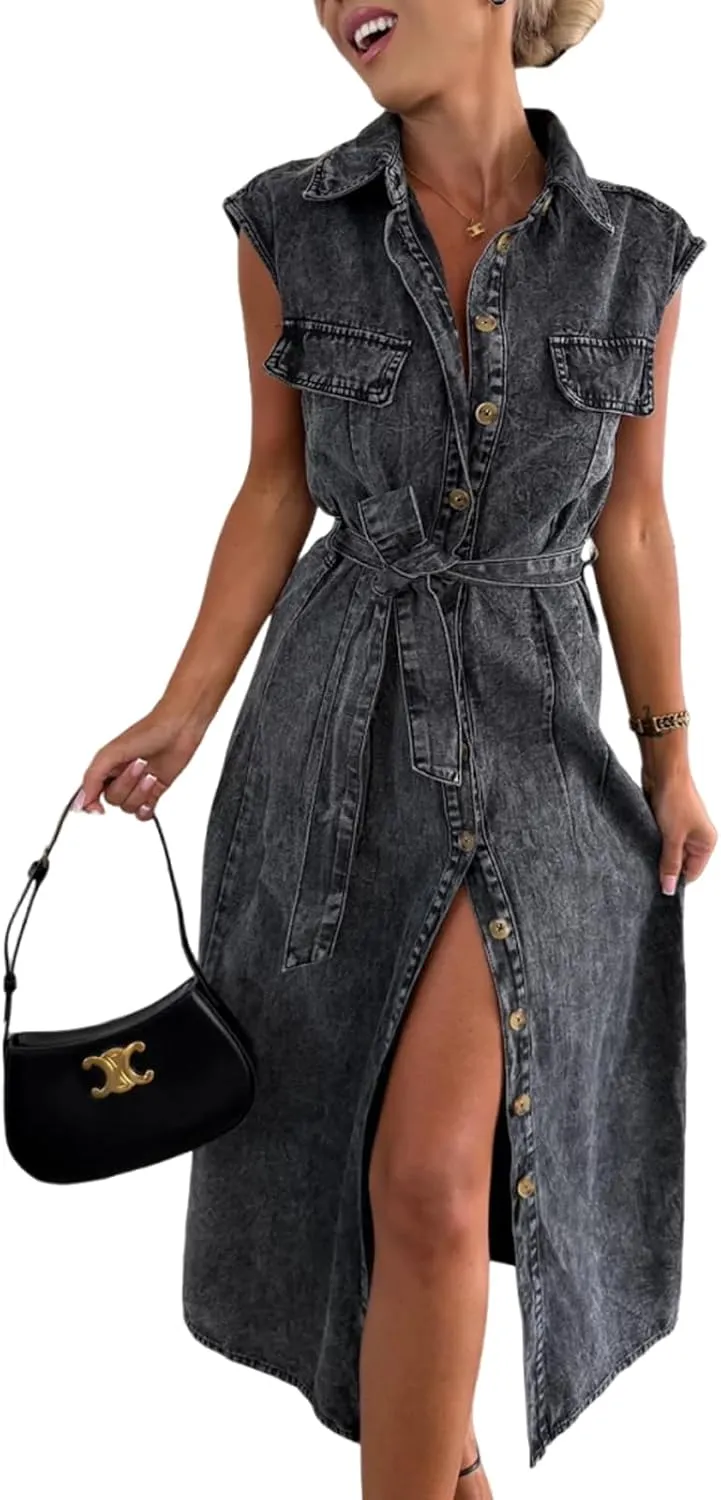 utcoco Denim Dress for Women Casual Sleeveless Belted Button Down Midi Jean Dresses for Women 2025