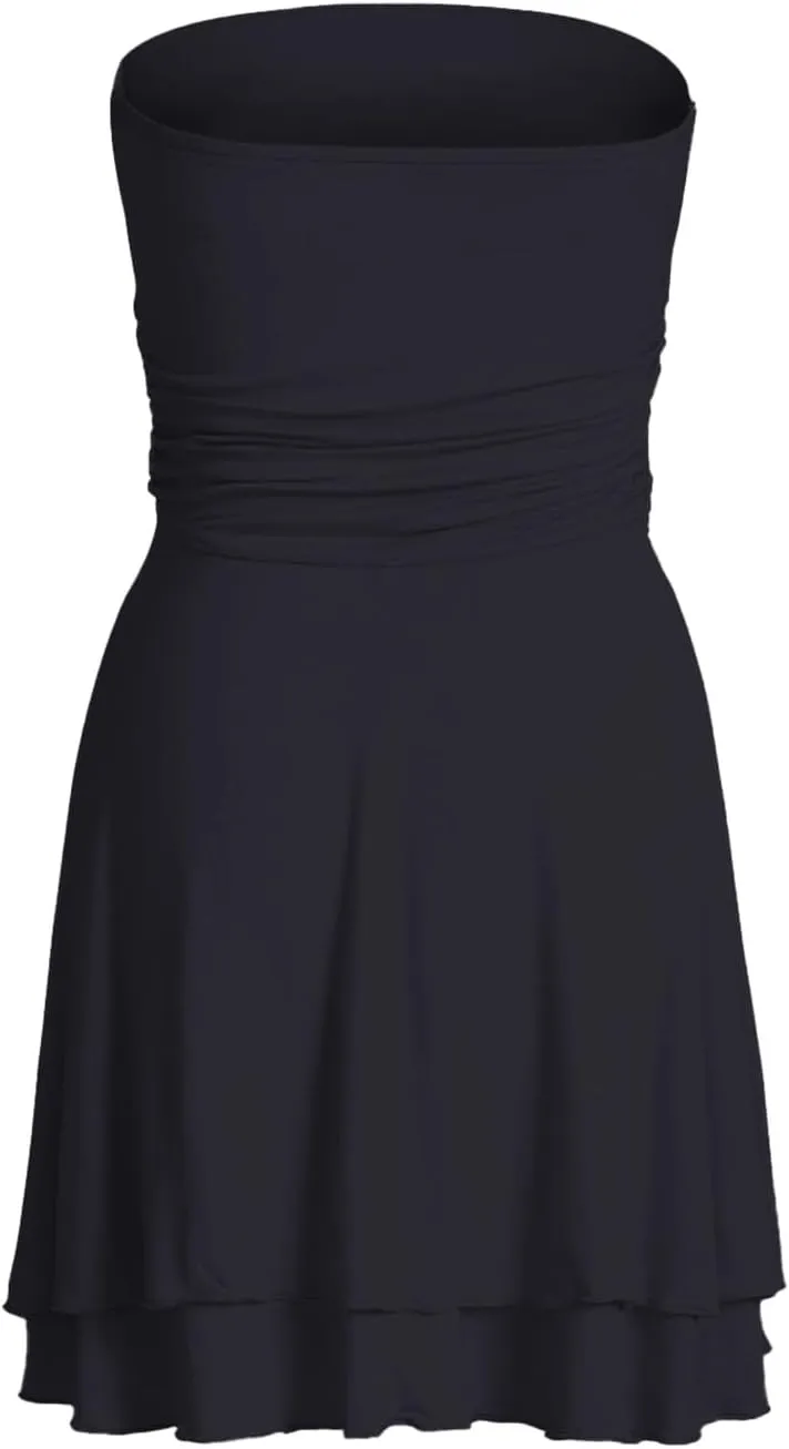 Women Strapless Tube Mini Dress Sexy Ruched Waist Ruffle Sleeveless Backless Tiered Layered Ruffle Hem A-Line Short Dress