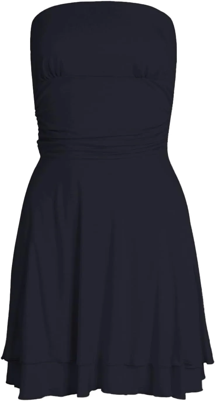 Women Strapless Tube Mini Dress Sexy Ruched Waist Ruffle Sleeveless Backless Tiered Layered Ruffle Hem A-Line Short Dress