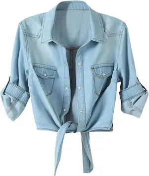 Women's 3/4 Sleeve Crop Top Tie Front Denim Shirt Cardigan