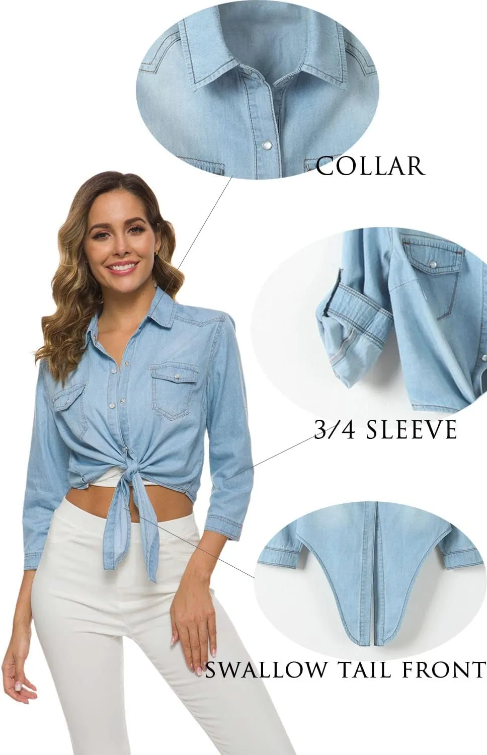 Women's 3/4 Sleeve Crop Top Tie Front Denim Shirt Cardigan