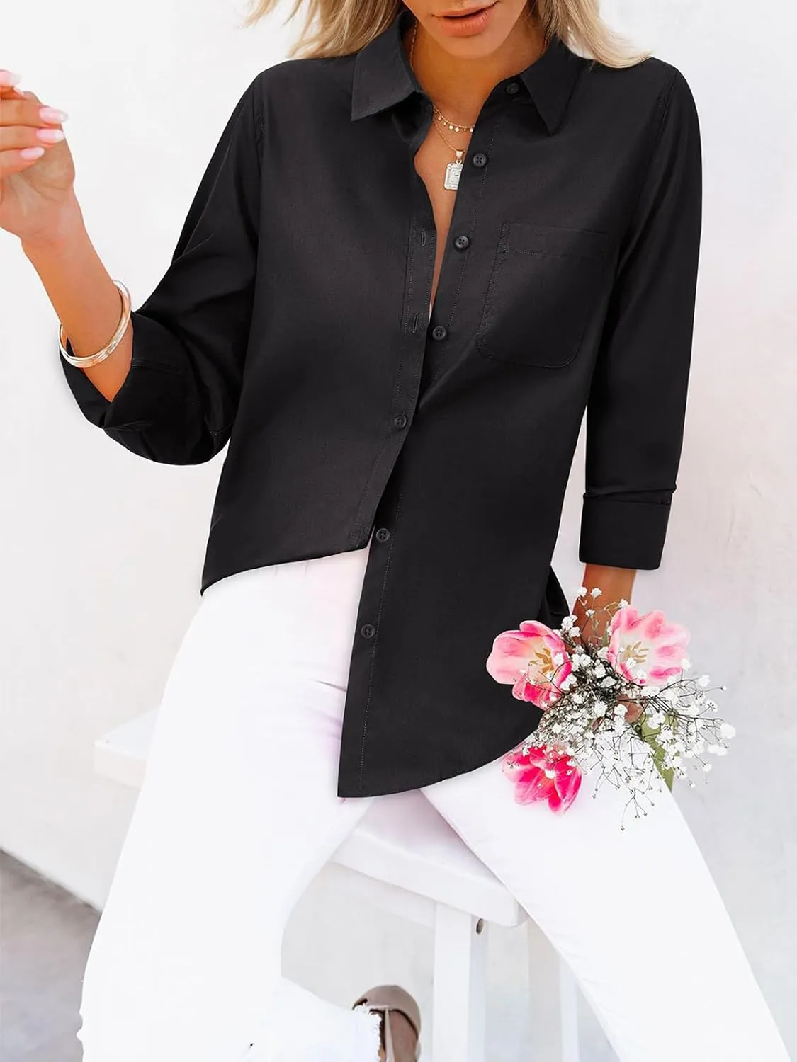 Womens Button Down Shirts Dress Shirt Collared Wrinkle Free Long Sleeve Blouse Office Tunics Tops with Pockets