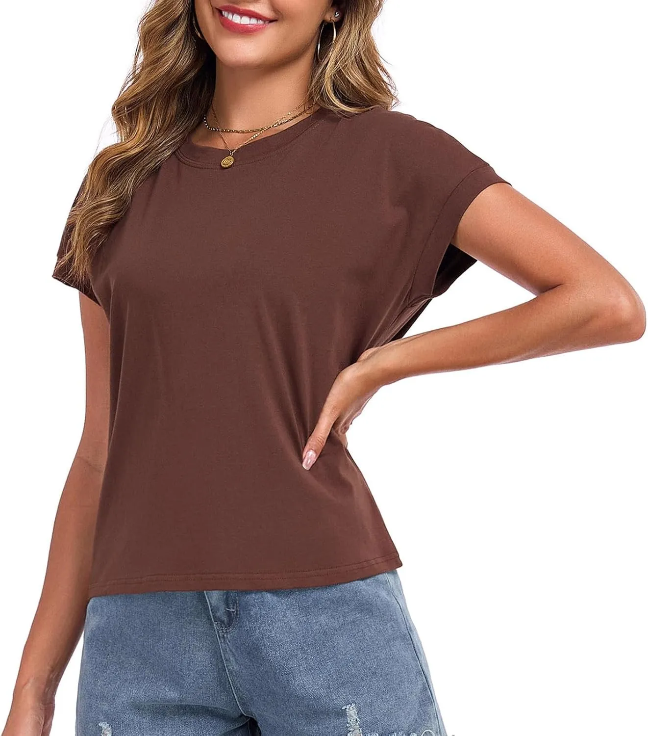 Womens Cap Sleeve Tops Crop T Shirts Summer Casual Loose Fit Short Sleeves Cotton Crewneck Boxy Tee Fashion