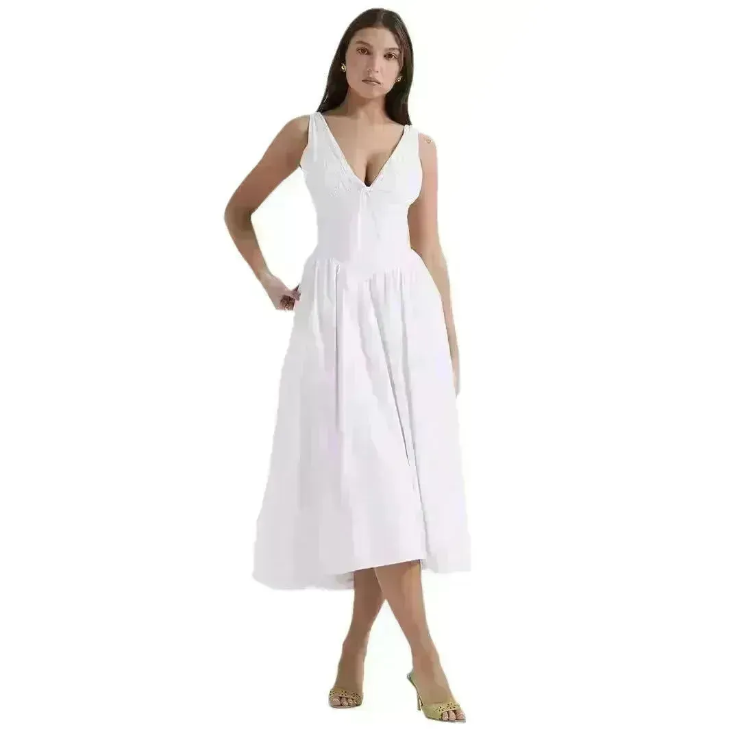 Women's Summer French Seaside Vacation Waist-tight Temperament Midi Skater Dress