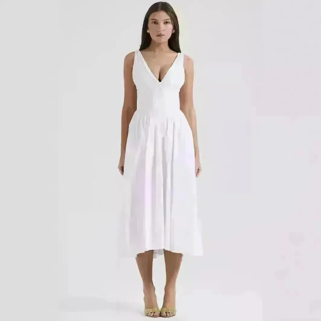 Women's Summer French Seaside Vacation Waist-tight Temperament Midi Skater Dress
