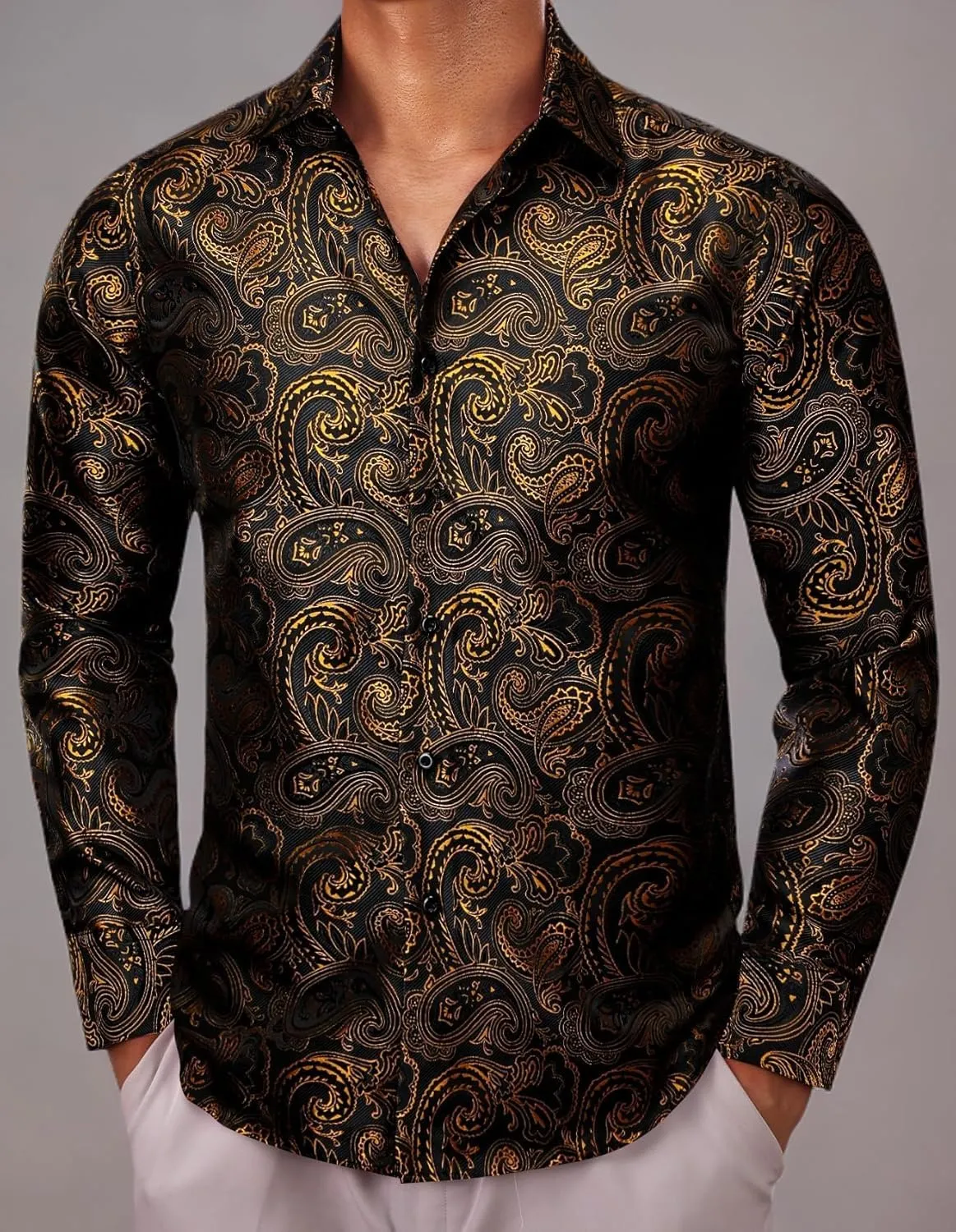 YOHOWA Men's Paisley Shirt Silk Jacquard Dress Long Sleeve Button Down Shirts Casual Mexico Western Disco Party Wedding Prom