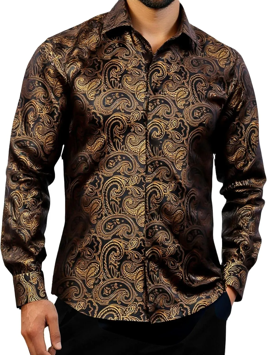 YOHOWA Men's Paisley Shirt Silk Jacquard Dress Long Sleeve Button Down Shirts Casual Mexico Western Disco Party Wedding Prom