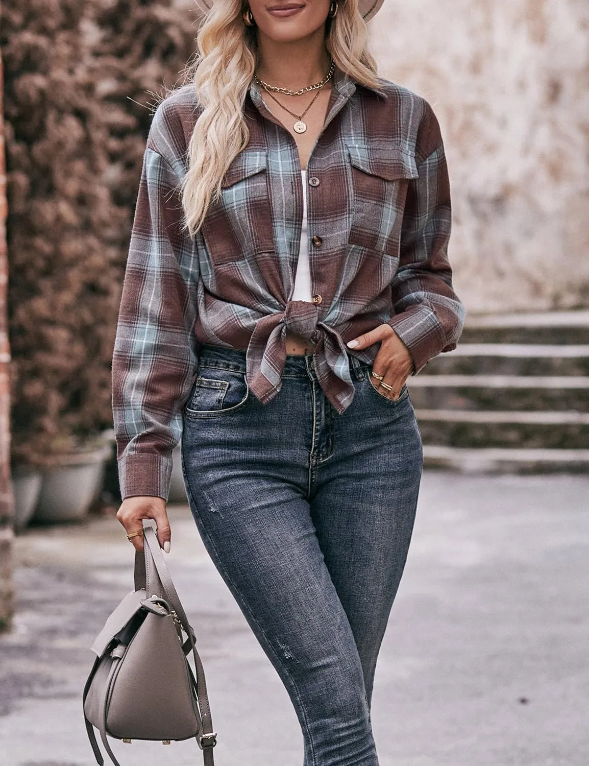 ZILIN Oversized Womens Flannel Plaid Shirts Long Sleeve Button Down Shirt Casual Work Tops