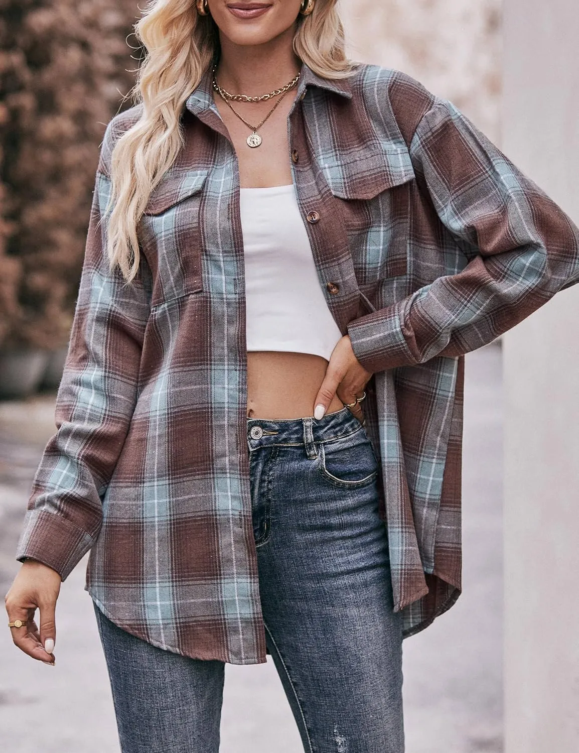 ZILIN Oversized Womens Flannel Plaid Shirts Long Sleeve Button Down Shirt Casual Work Tops