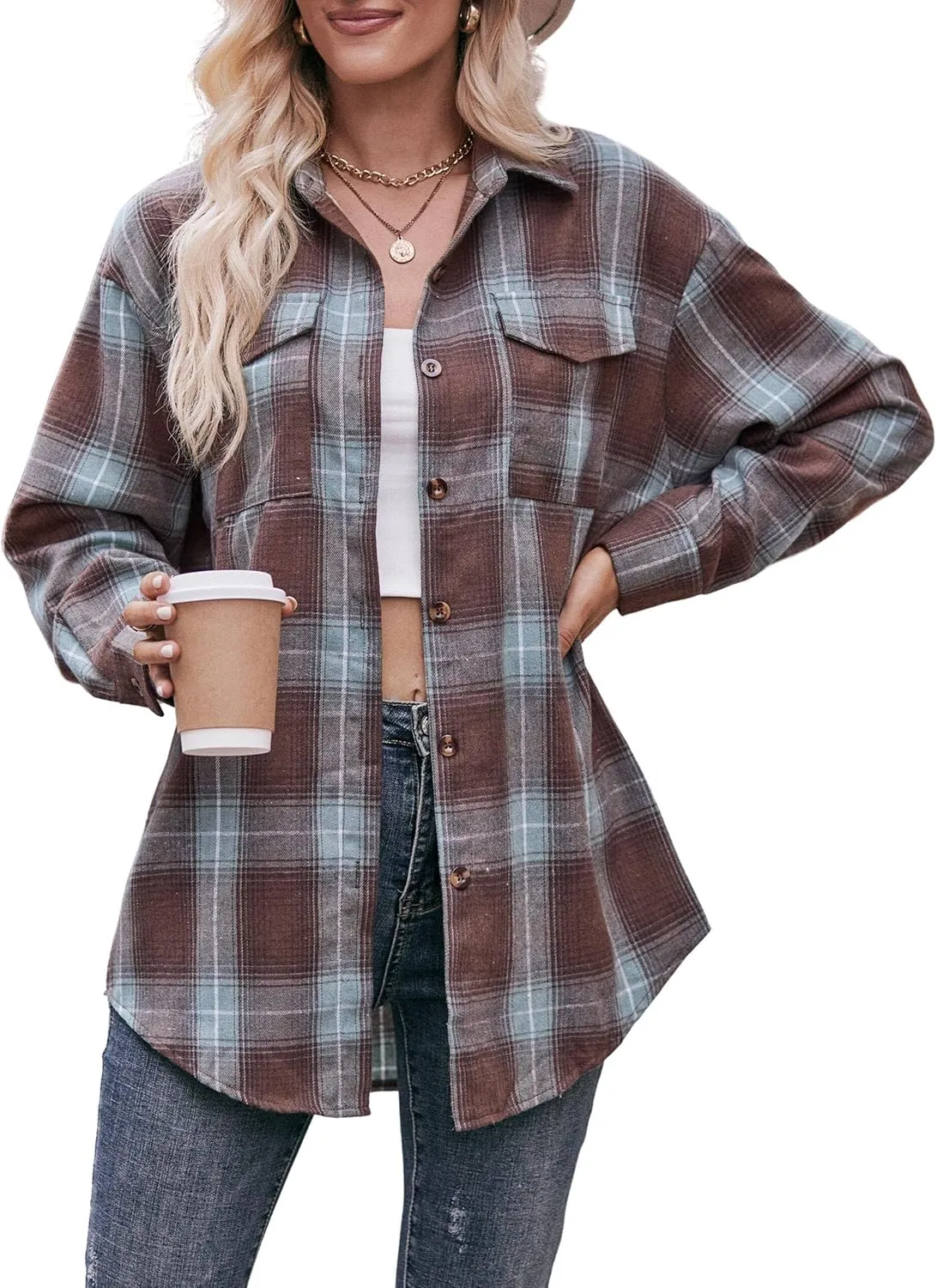 ZILIN Oversized Womens Flannel Plaid Shirts Long Sleeve Button Down Shirt Casual Work Tops