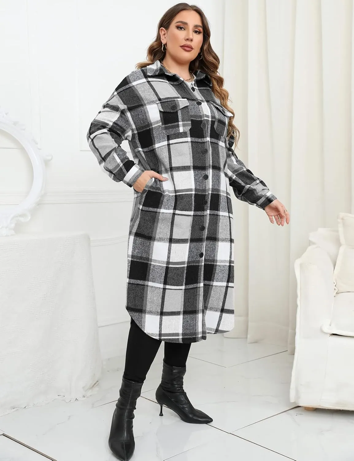 ZOMVA 2024 Women's 0X-5X Plus Size Long Flannel Plaid Shacket Jacket Oversized Button Down Coats Shirts with Pockets